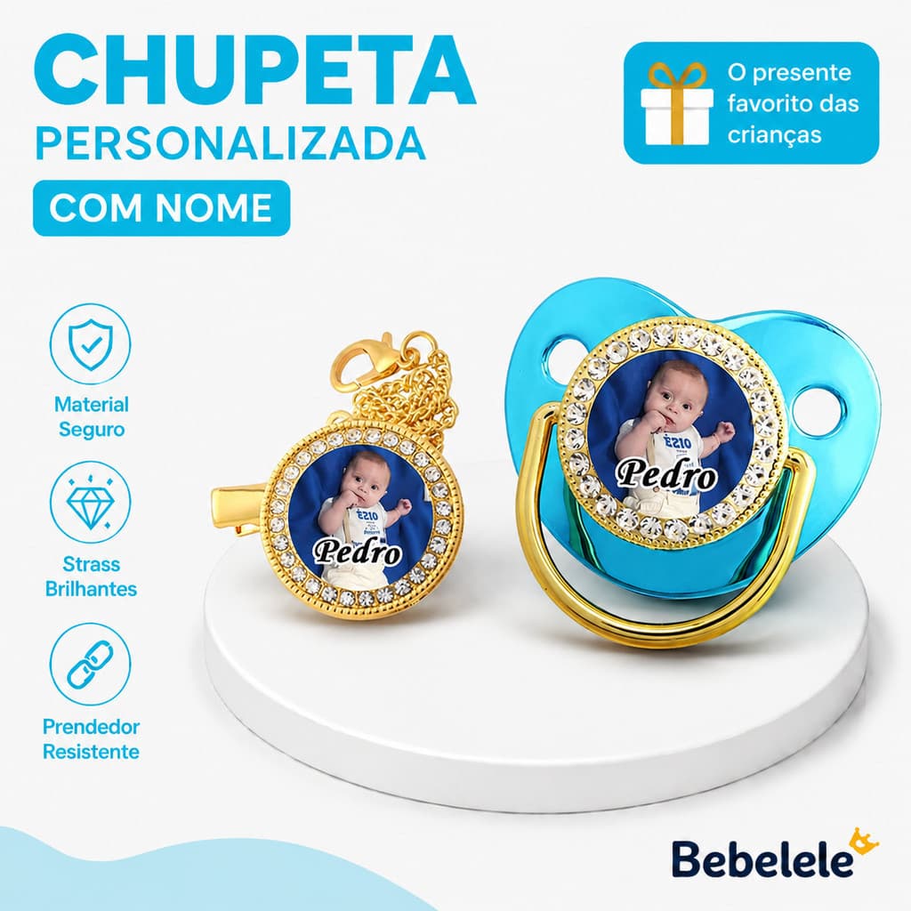 Chupeta de bebê em formato plano, personalizada com nome/foto, acompanha chupeta/clipe/corrente/fecho. Chupeta pessoal 9
