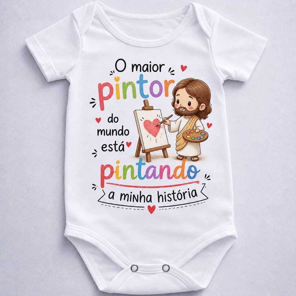 Body de Bebê Infantil Maior Pintor Do Mundo Frases Jesus Cristão Roupa Menino e Menina 100% Algodão Confortável Macacão