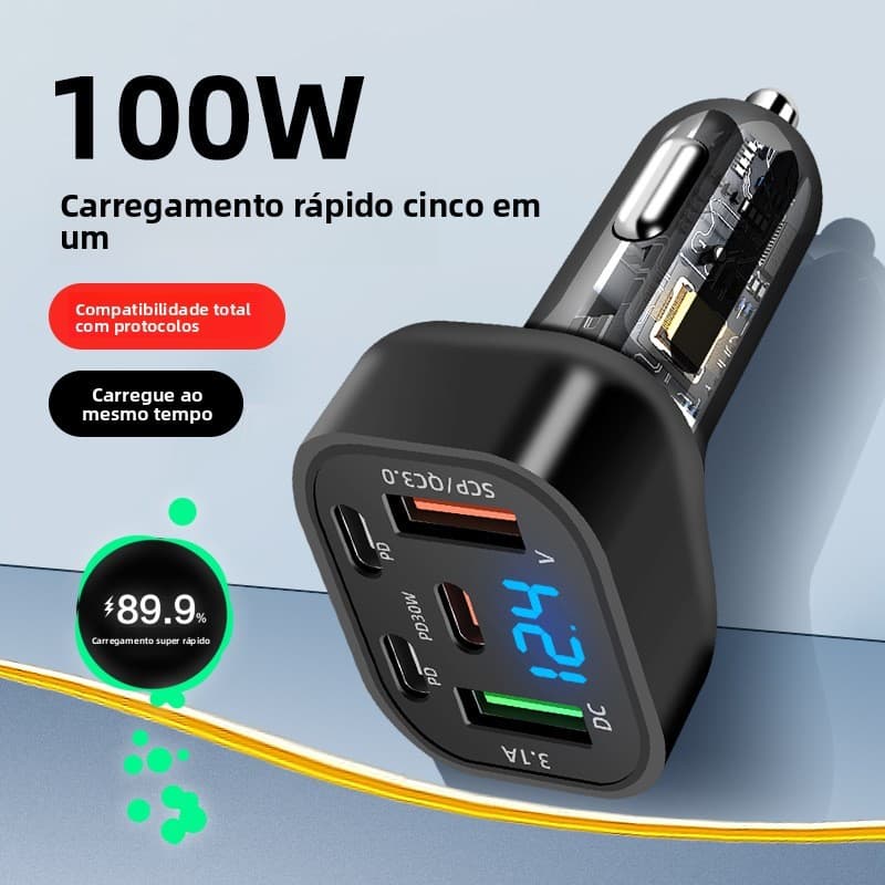 Novo carregador de carro com múltiplas portas e display digital de carregamento super-rápido 100W QC3.0, carregador rápi