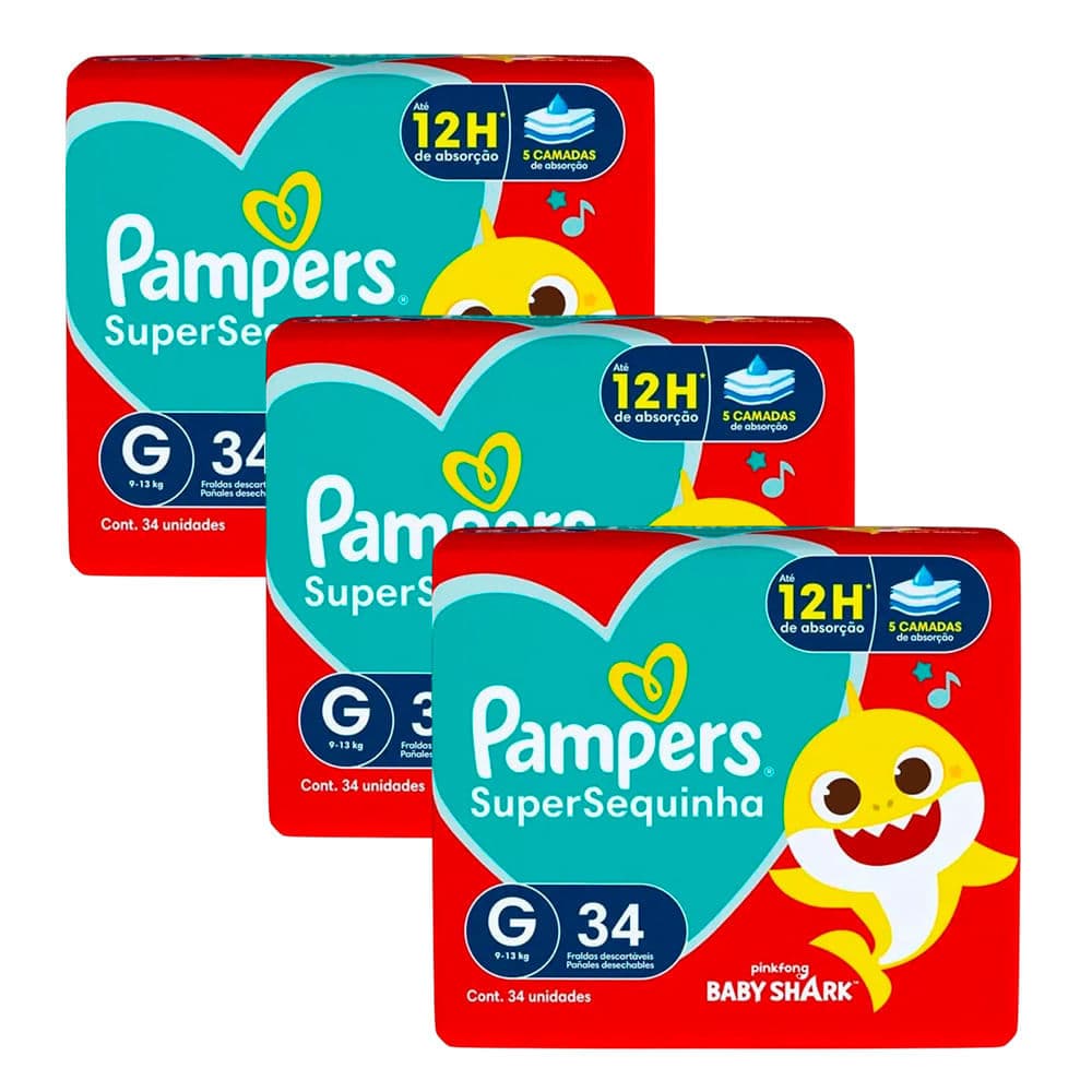 Kit 3 Fraldas Descartáveis Pampers Supersequinha Mega G - 102 Tiras