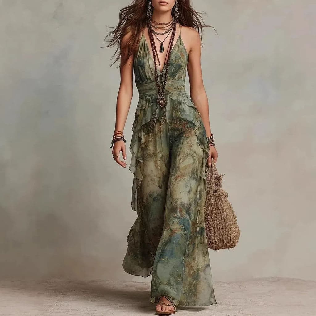 Vestido feminino vintage com alças tie-dye vestido maxi boêmio de verão com cintura marcada vestido babado feminino