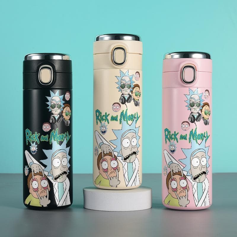 Garrafa térmica rick e morty 420ml aço inoxidável com termômetro digital e trava de segurança