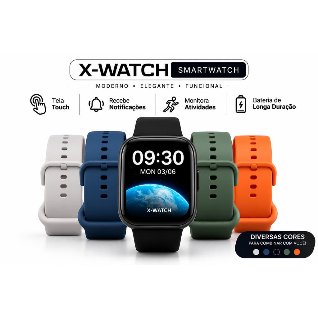 Smartwatch X-Watch Preto Relógio Inteligente Tela Touch Moderno e Elegante