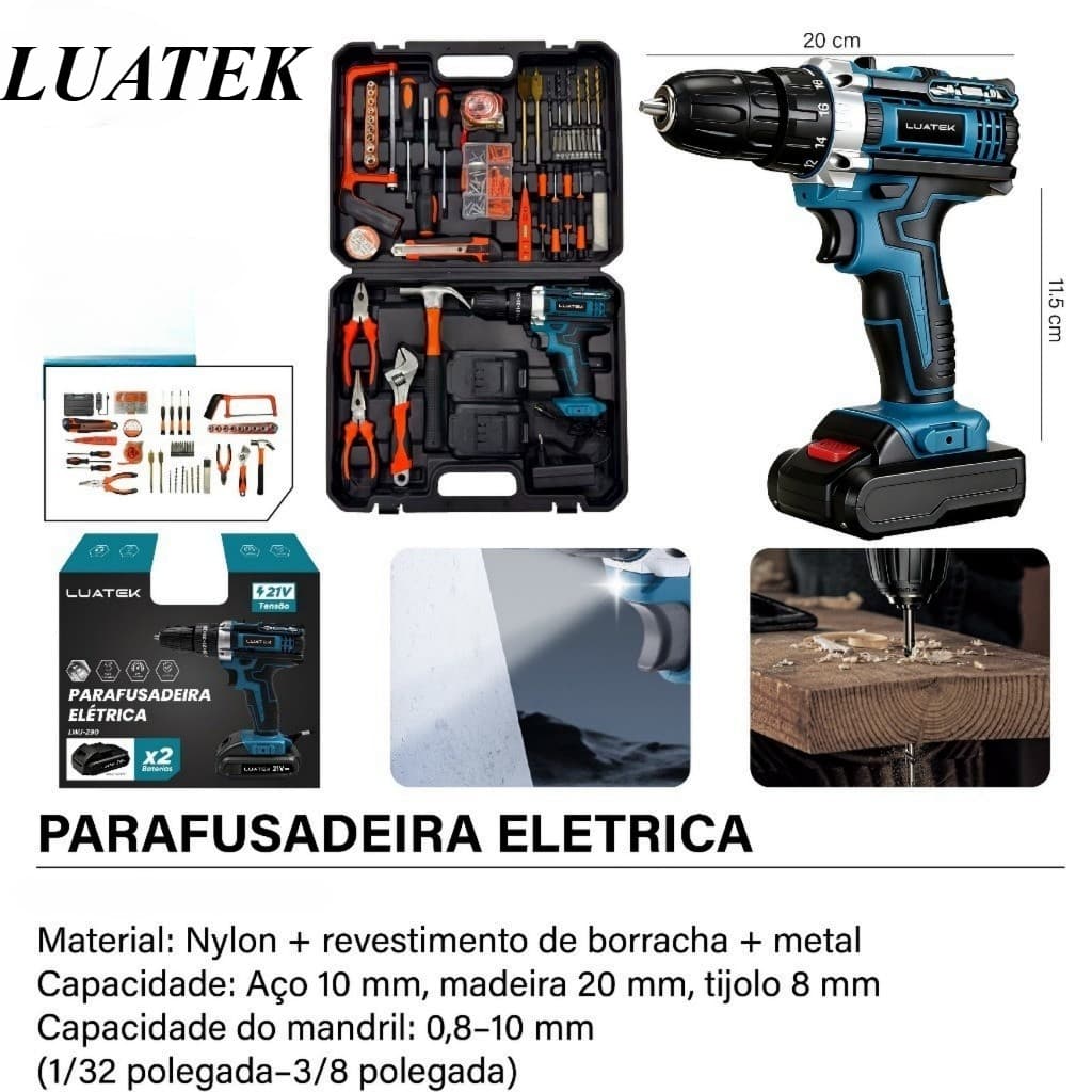 Luatek  Kit de Ferramentas Completo com Parafusadeira de Impacto 21V Bivolt 2 Baterias