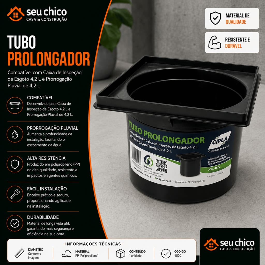 Tubo Prolongador para Caixa de Inspeção e Gordura 4,2L CIPLA - Extensor Prolongamento Esgoto
