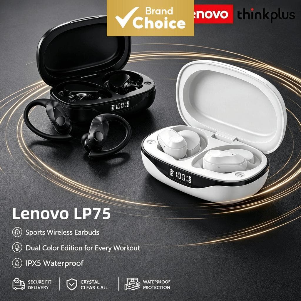Fones de ouvido Lenovo LP75 sem fio, fone de ouvido Bluetooth à prova d'água, redução de ruído para chamadas ENC, fones
