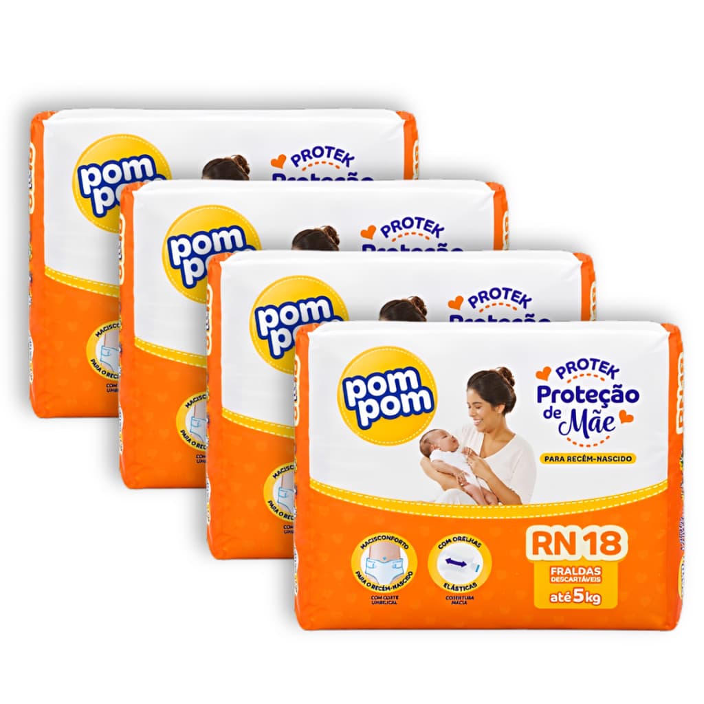 Kit 4 Fralda Descartável Pom Pom Protek Proteção de Mãe Recem Nascidos RN - Total 72 Unidades