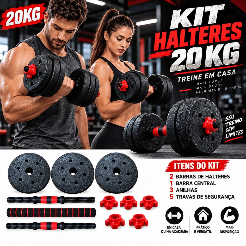 Kit de Treino Funcional 20 kg – Halteres, Barra, Supino – Preto | Conjunto de Halteres Ajustáveis