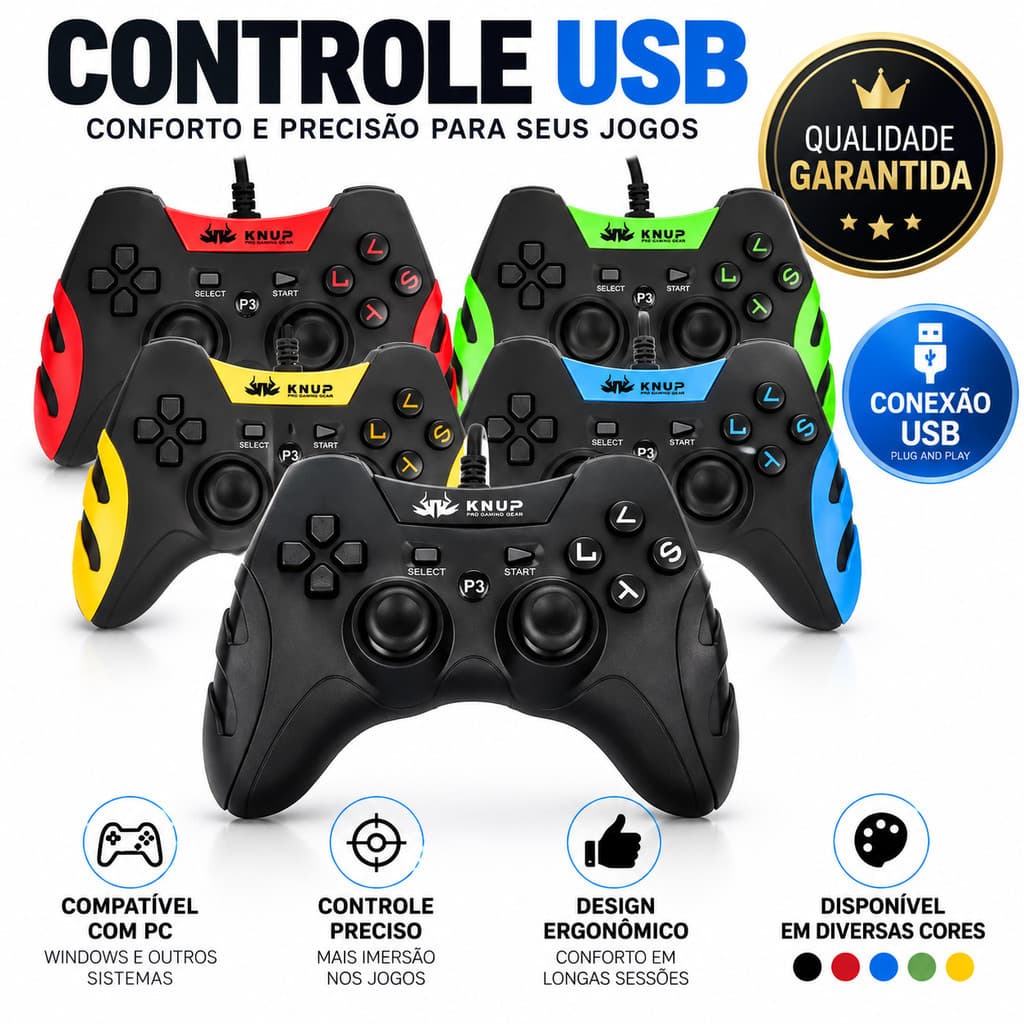 Controle  de video game KNUP KP-4040 USB com Fio para PC, Notebook e PS3 – Analógico Gamer