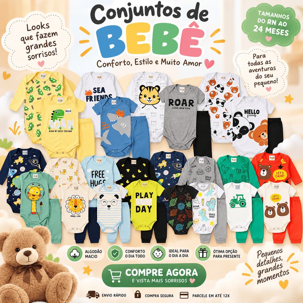 Enxoval Bebê Menino 9 Peças Kit Body Manga Longa e Curta + Mijão Recém-Nascido RN 0-3 Meses Algodão Atacado