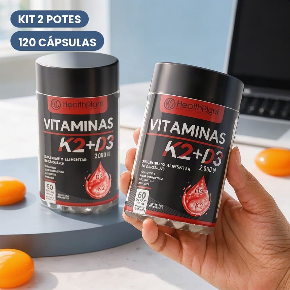 Vitamina K2 + Vitamina D3 2000 UI 500 mg Suplemento em Cápsulas Kit 2 Potes 120 Caps