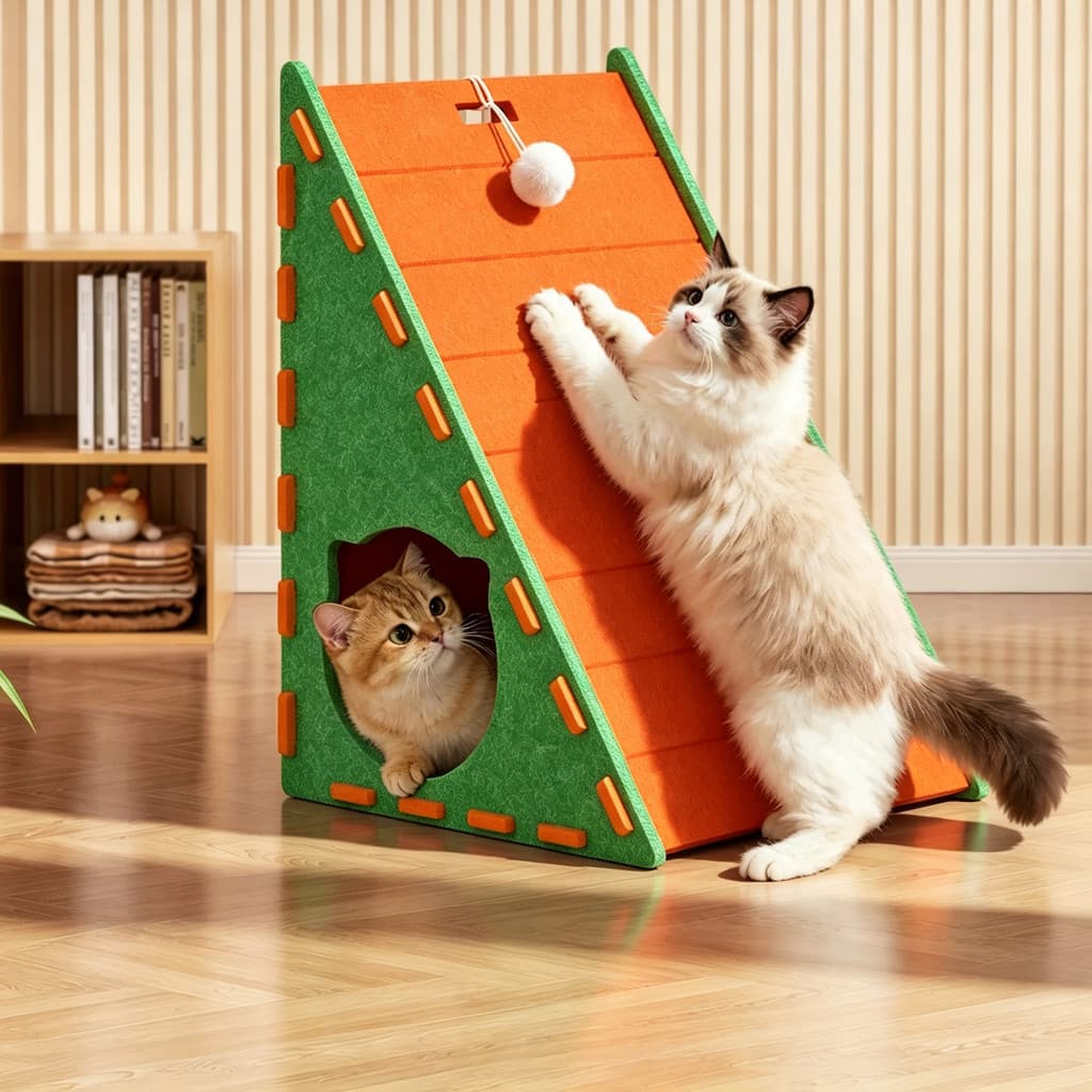 Arranhador triangular de feltro para gatos com casinha e brinquedo, modelo multifuncional protege seu sofá