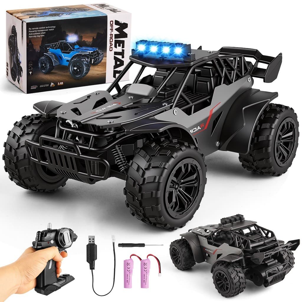 Carrinho RC Monster Truck 4x4 1:16 2.4GHz com LED, Carroceria em Metal, 2 Baterias Recarregáveis, 12 km/h Todo Terreno