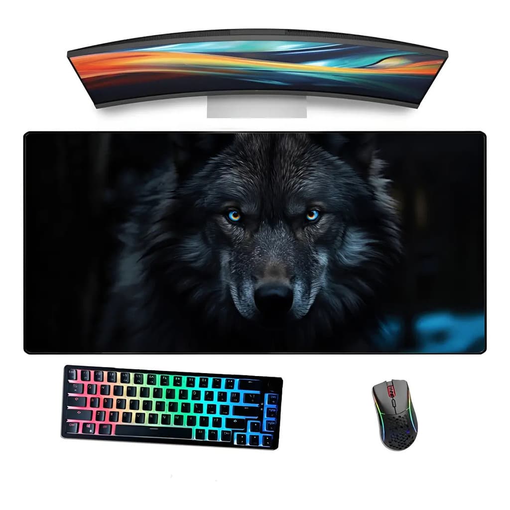 Mousepad Gamer Borda Costurada Estampado Lobo Cinzento Antiderrapante para PC Notebook e Setup Gamer