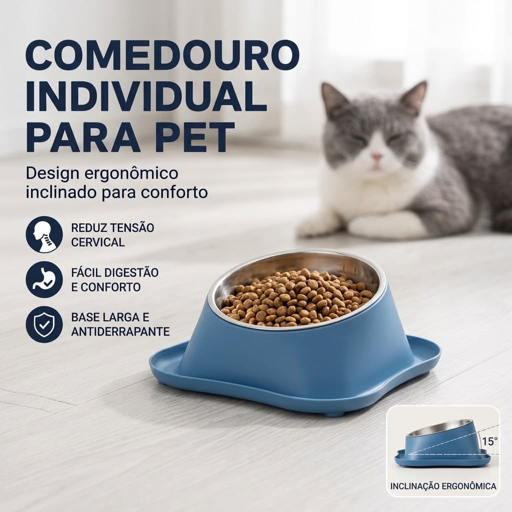 Pote Tigela Comedouro Bebedouro 2 em 1 Aço Inox Duplo Design Inclinado Antiderrapante Cachorro Gato Água Ração Petisco