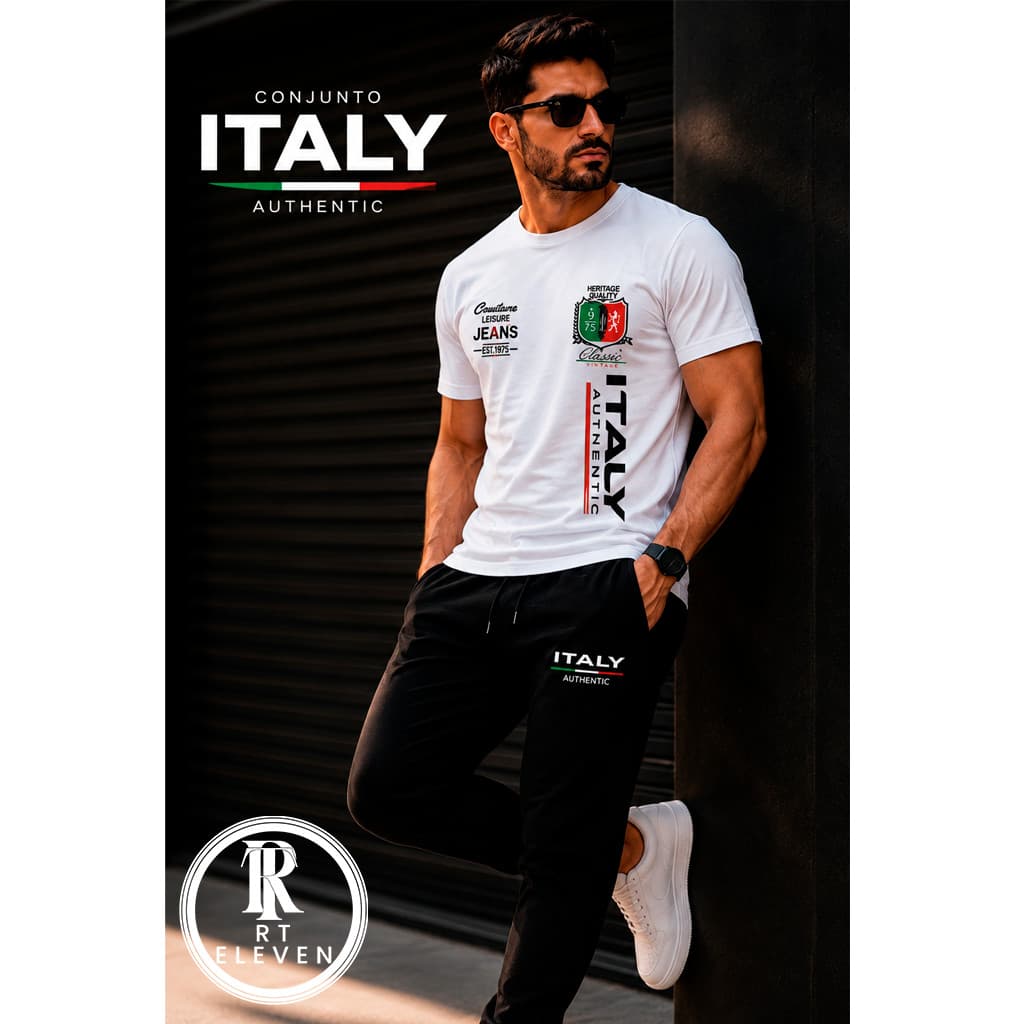 Kit Conjunto Itália Authentic Camiseta e Calça moletom Moda Streetwear casual Malha Algodão + calça Moletom Com bolso Cs