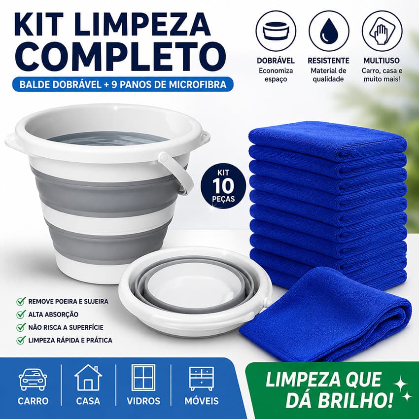 Kit Limpeza 10 Peças Balde Dobrável + 9 Panos Microfibra para Carro Casa Vidros e Móveis