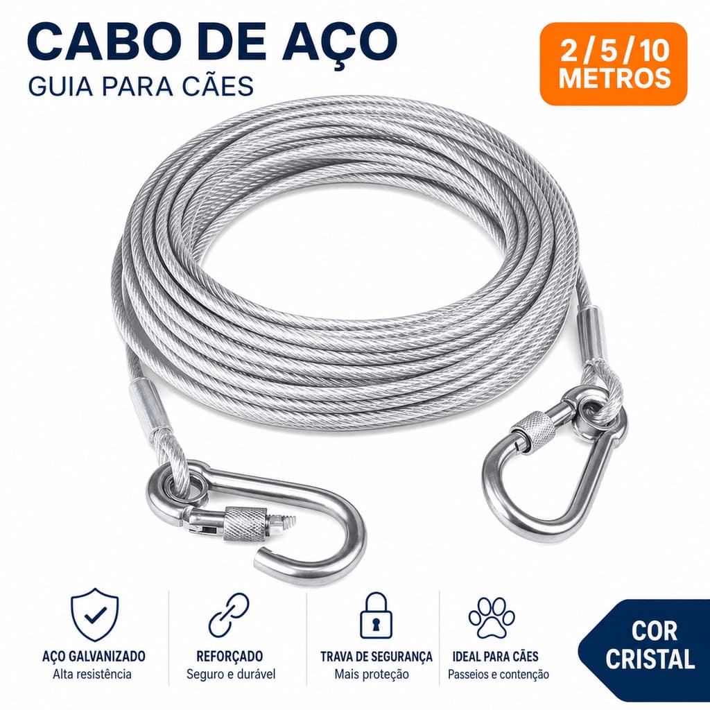 Cabo Aço Amarrar Guiar Cães 2/5/10 Metros Cor Cristal Reforçada Coleira Guia Pet Acessório Animal Estimação