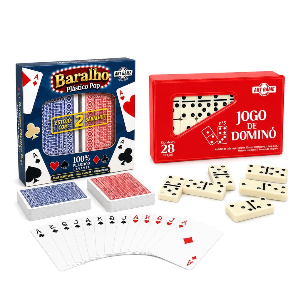 Kit Jogos 136 Peças Clássicos Com Baralhos De Plástico Jogar Truco + Dominó Para Família