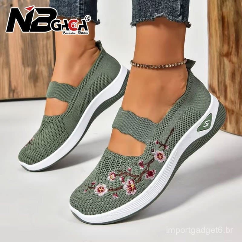 Tênis com Padrão Floral Elegante para Mães, Calçados Casuais de Malha para Mulheres, Respiráveis e Confortáveis