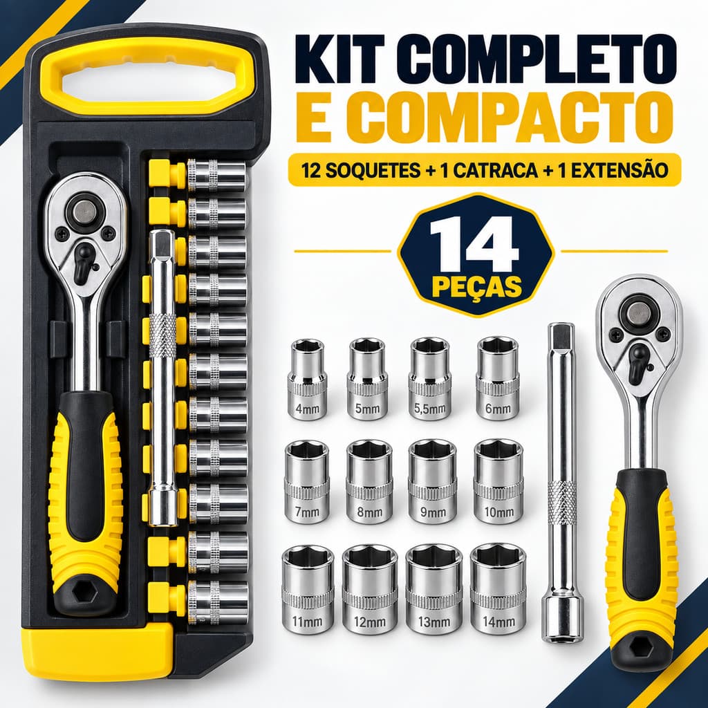 Jogo De Soquetes Sextavados 14 Peças Chave Catraca Reversível 1/4 CR-V 4 a 14mm Extensão 100mm