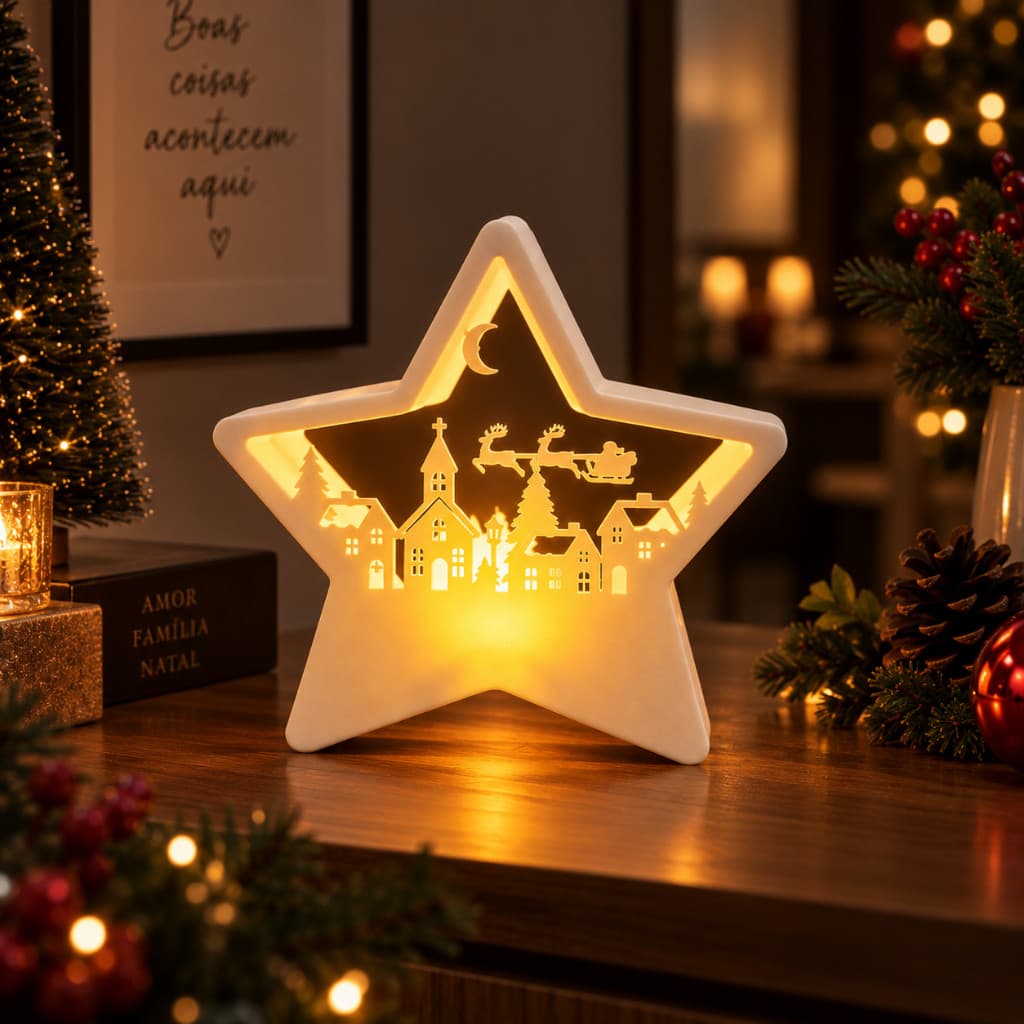 Estrela de Natal com Led Decoração Natalina Enfeite de Mesa Rack Luminária Decorativa Natal