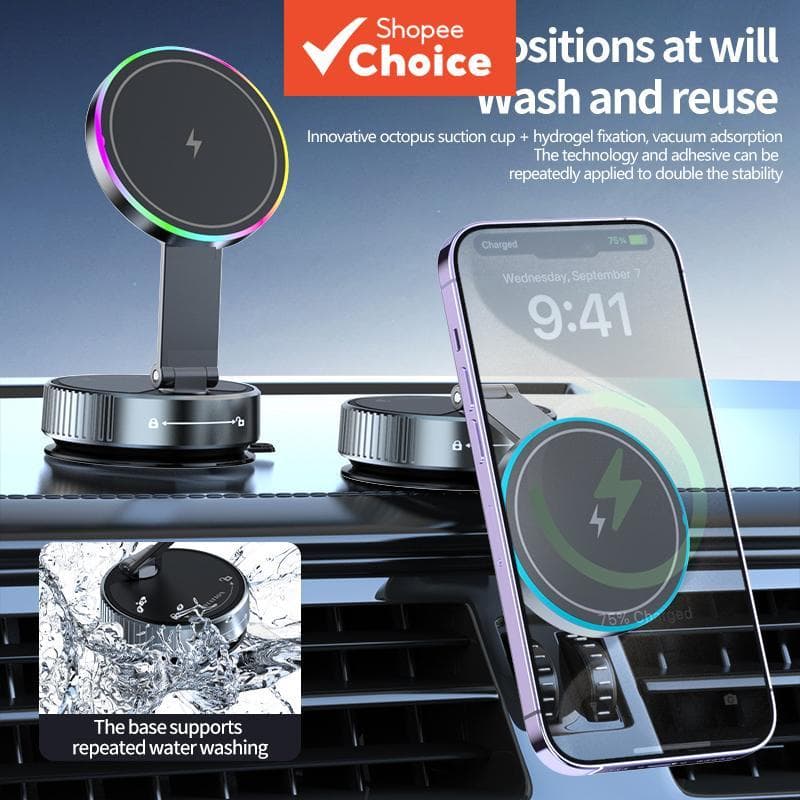 Carregador Magnético Sem Fio Para Carro 15w RGB Luz Ventosa Suporte Telefone 360 ° Rotação Dobrável