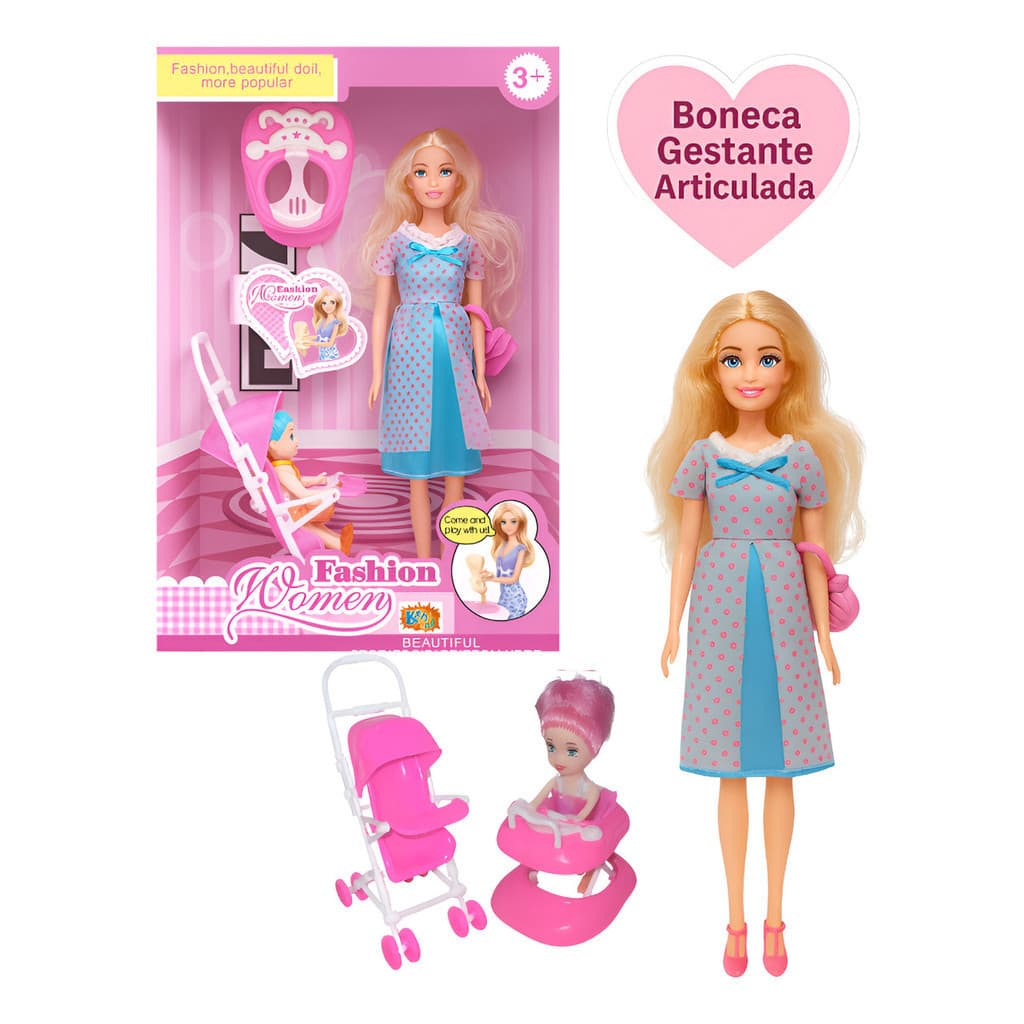 Boneca Grávida Gestante Articulada Kit Família Bebê Na Barriga