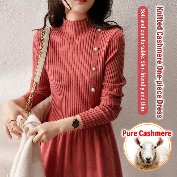[Detalhes Elegantes] 【Flattering Pearl Accents】 Vestido de Tricô Feminino/Gola Alta/Vestido Slim Fit/Vestido de Inverno