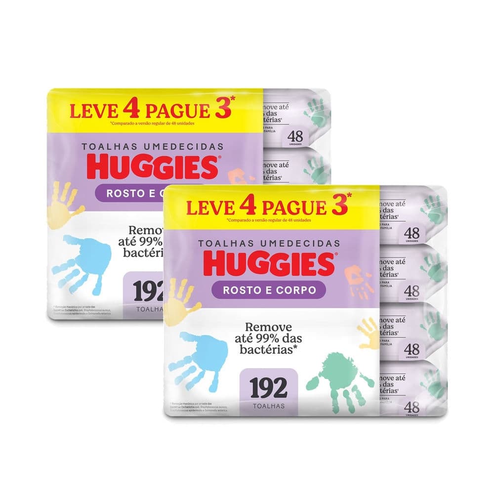 Kit 2 Lenços Umedecidos Huggies Rosto e Corpo Limpeza 4 x 48 Unidades