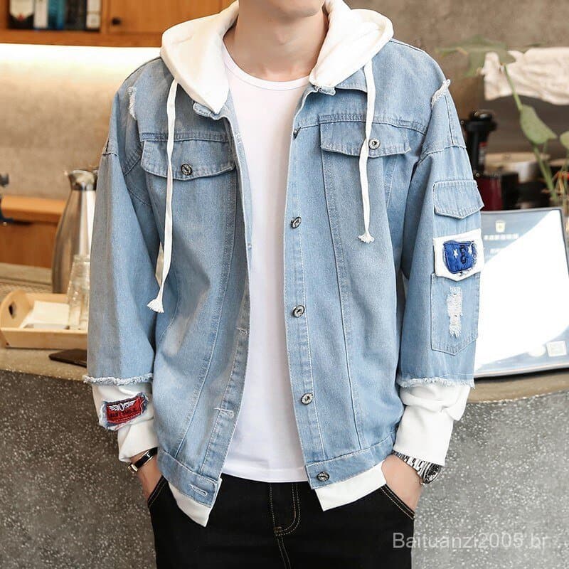 Jaqueta jeans masculina com capuz, jaqueta jeans sintética de duas peças, jaqueta jeans 0INI OZ41