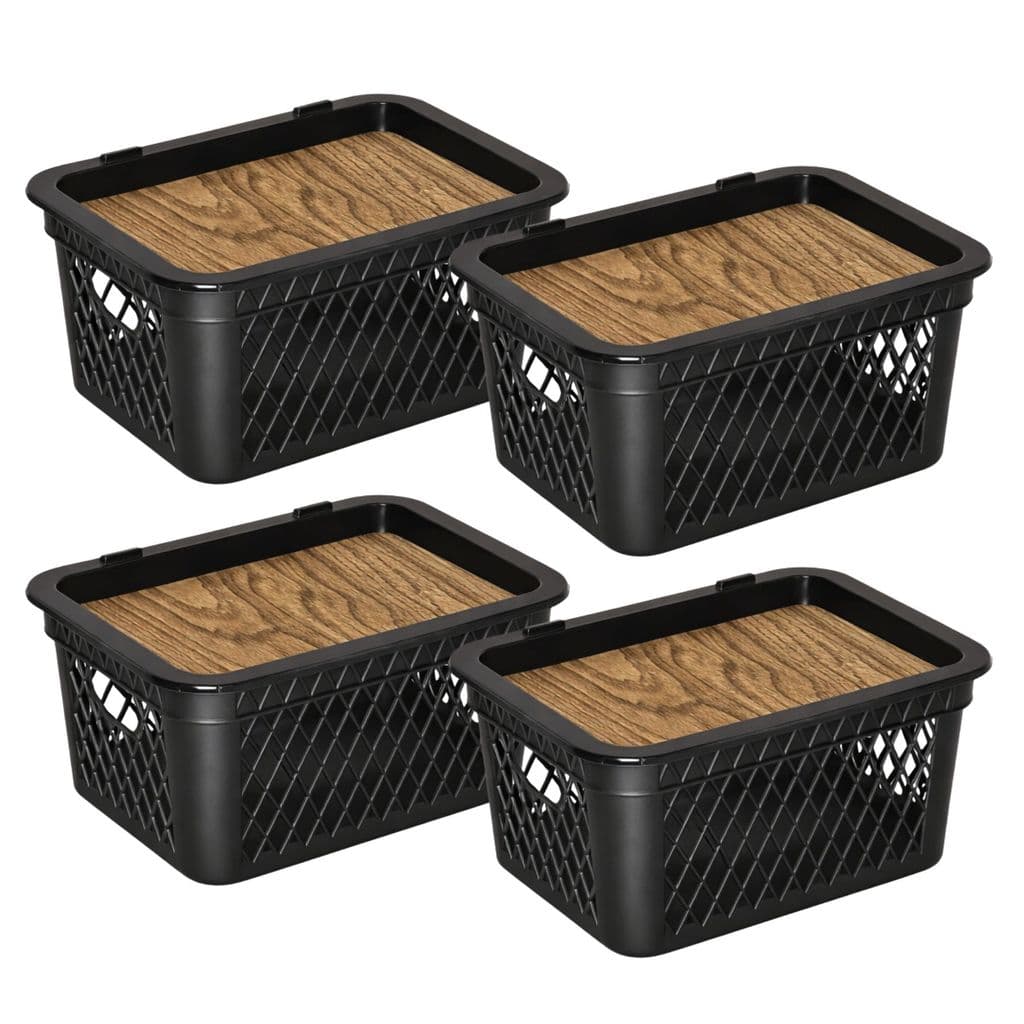 Kit Cesto Organizador Multiuso Telado 2,5L Tampa Label Madeira Alça Banheiro Brinquedo Antimofo Caixa
