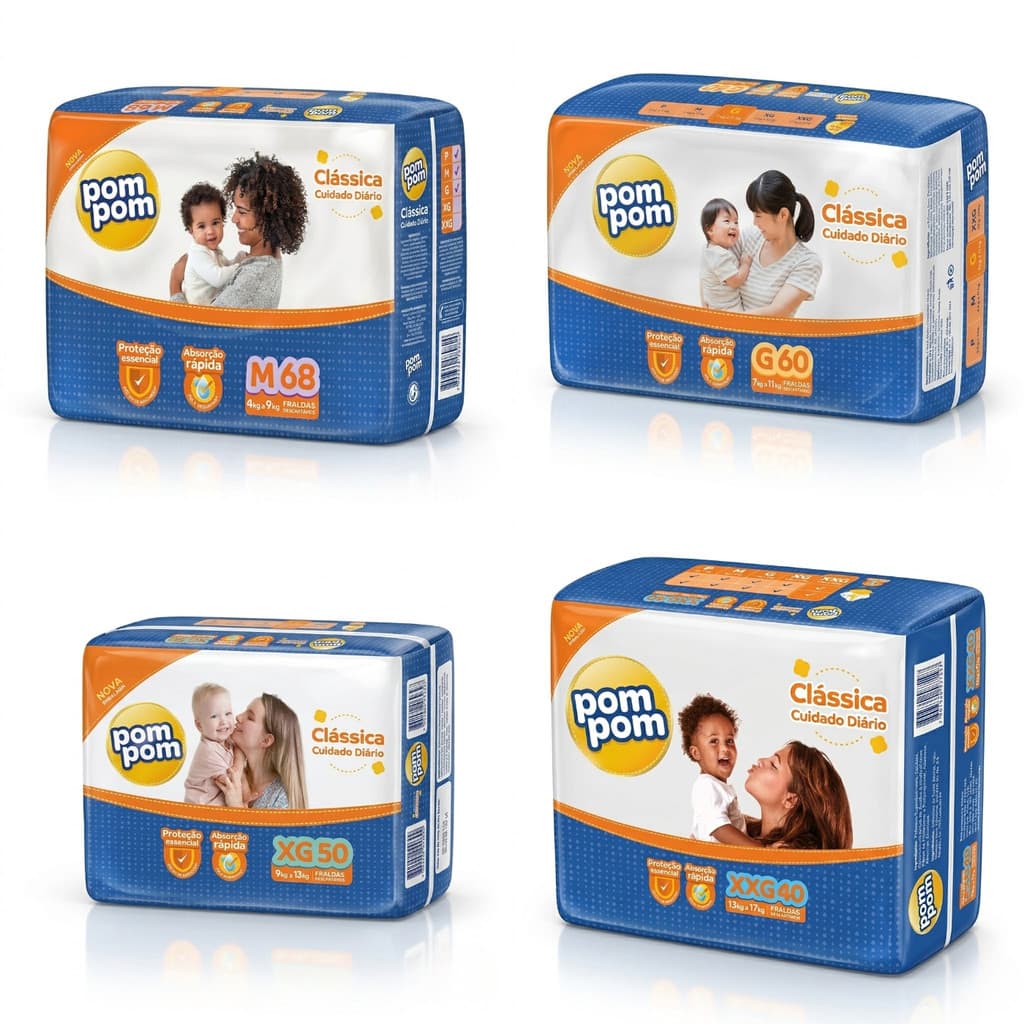 Fralda Pompom Promoção | Pacote Hiper Descartável M, G, XG, XXG | Pompom Fralda Clássica Cuidado Diário
