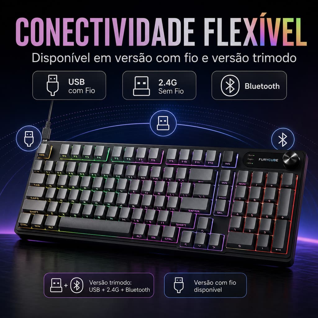 Teclado Mecânico Gamer RGB 98 Teclas Bluetooth 2.4G USB IP98 À Prova D Água Knob Keycaps PBT