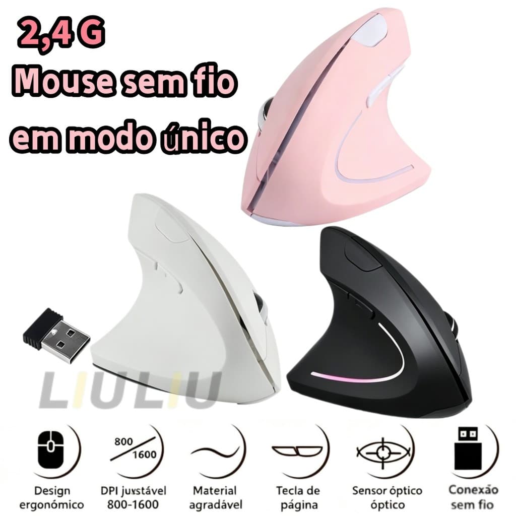 Mouse Vertical Sem Fio 2.4G Ergonômico 6 Botões, alivia fadiga para trabalho e jogos com DPI ajustável