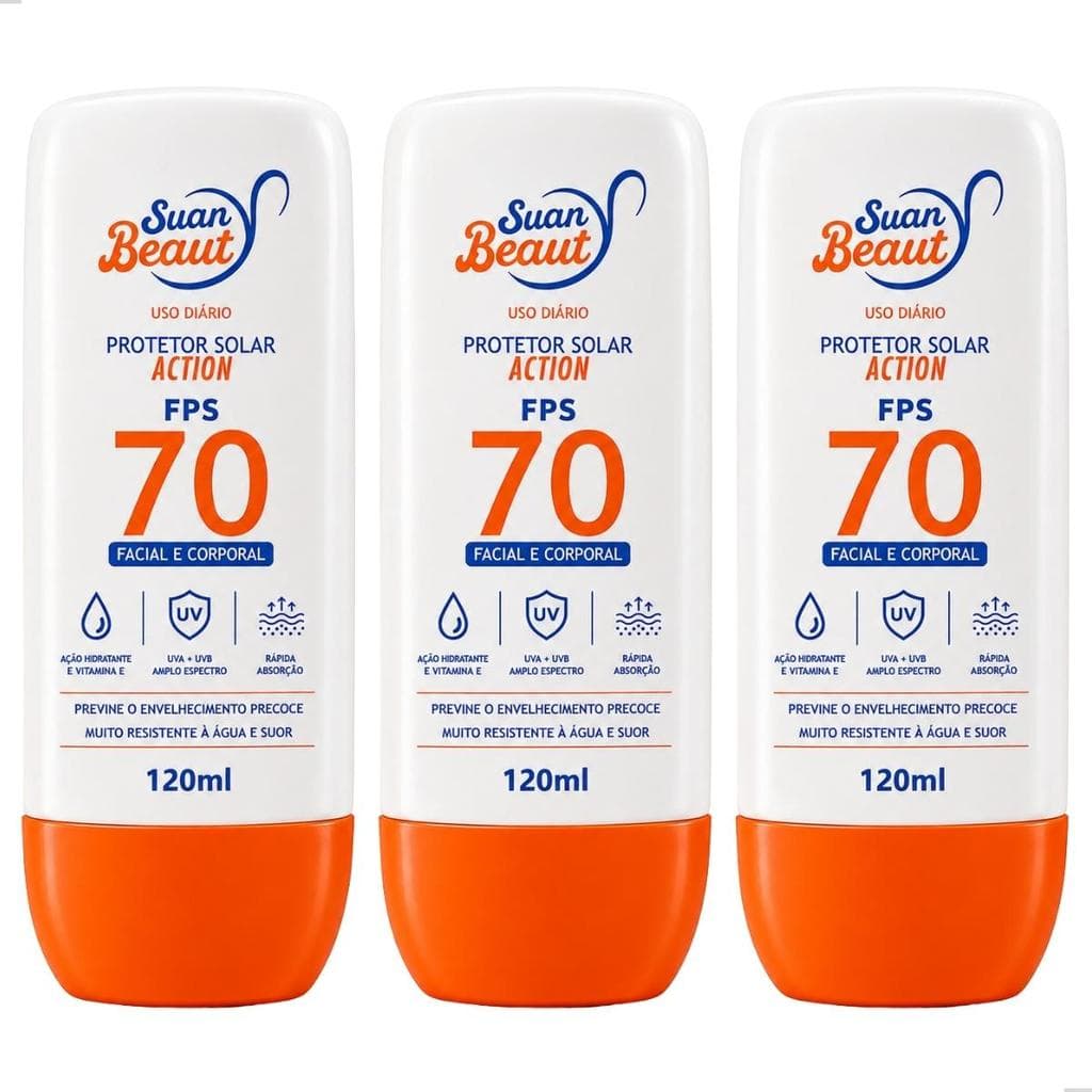 Kit 3 Protetor Solar Corporal e Facial FPS 70 Protect Hidrata Alta Proteção Suan Beaut Action  120ml 3 unidades