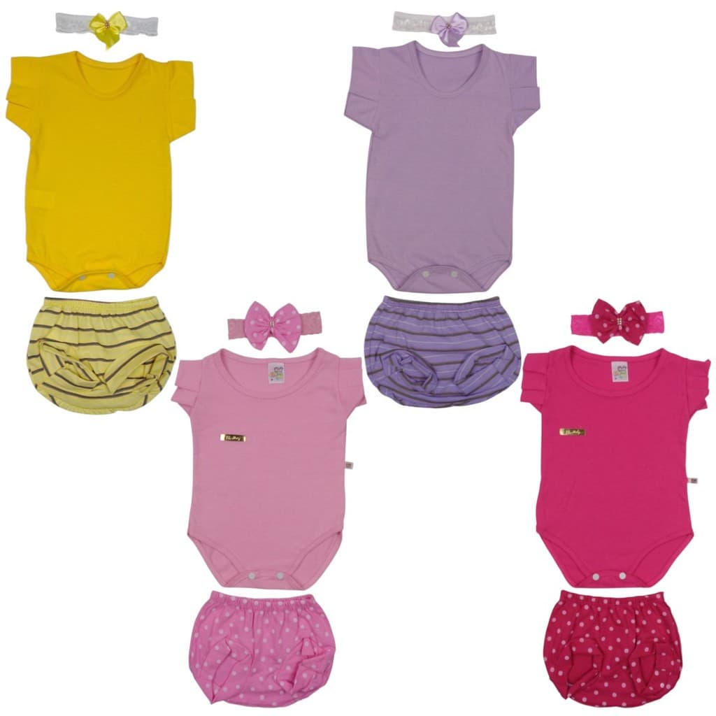 Roupa Para Bebê Recém-nascido Kit Com 4 Conjuntos Body Calça short tapa-fralda