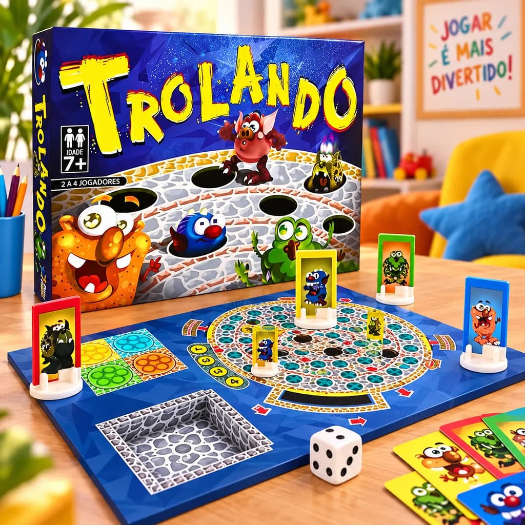 Jogo Trolando Infantil 22 Peças – Tabuleiro com Trolls e Armadilhas – Diversão em Família para 2 a 4 Jogadores