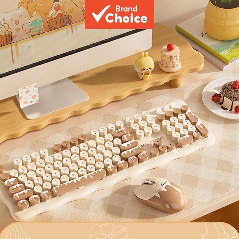 Conjunto de Teclado e Mouse Sem Fio MOFii Cream Ice Cream 2.4G, Combo de Escritório sem Fio Retrô com Teclas Estilo