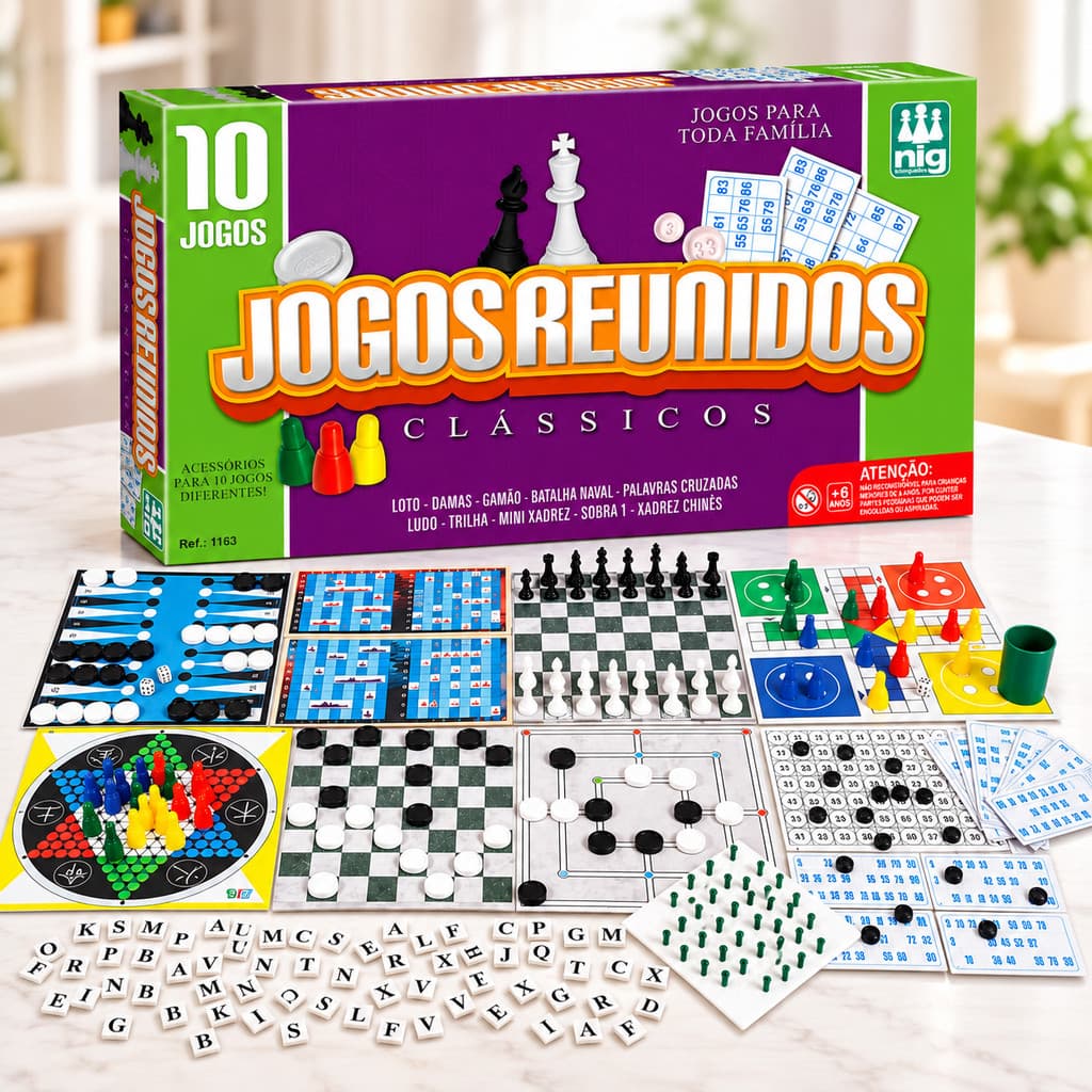 Jogo de Tabuleiro 10 Jogos Reunidos Clássicos Família Nig