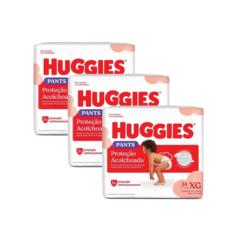 Kit 3 Fralda Roupinha Huggies Tamanho XG Pacote Mega 24 Unidades Descartáveis