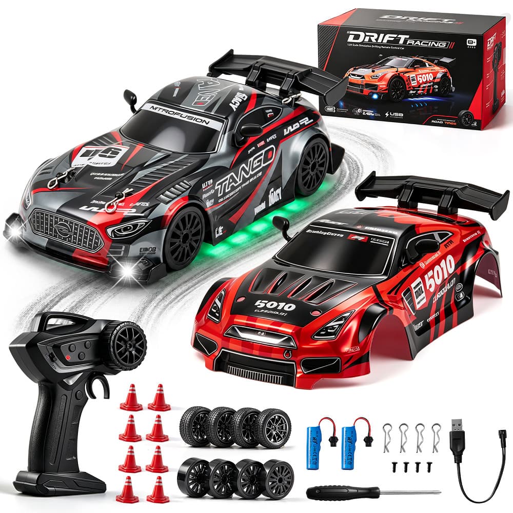 Carrinho RC Drift 4WD 1:24 2.4GHz com 2 Carrocerias, LED, Pneus Drift e Corrida, 2 Baterias Recarregáveis 500mAh