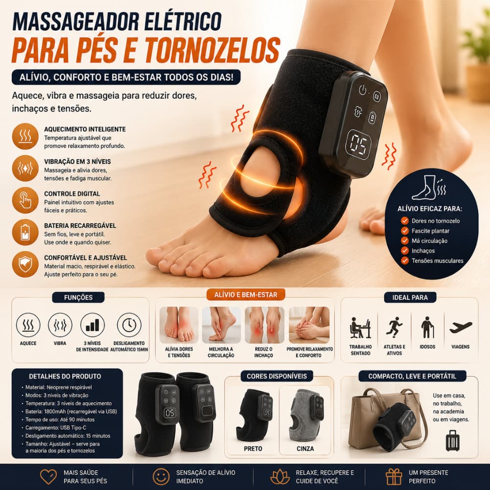 Massageador Elétrico para Pés e Tornozelos com Aquecimento Vibração Recarregável USB Alívio Muscular