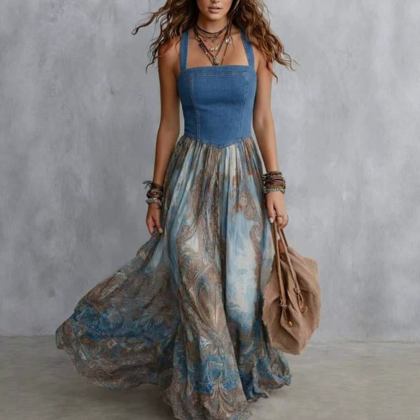Vestido feminino,  azul estampado com decote halter e franzido,  de designer com alças,  longo, nov
