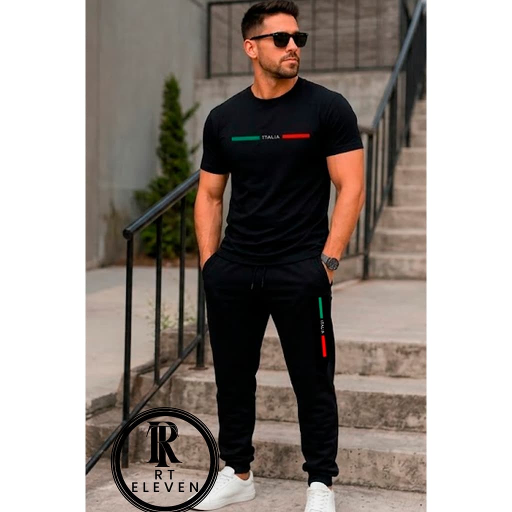 Kit Conjunto Itália Camiseta e Calça moletom  Moda masculina camiseta casual Malha Algodão + calça Moletom Com bolso Cs
