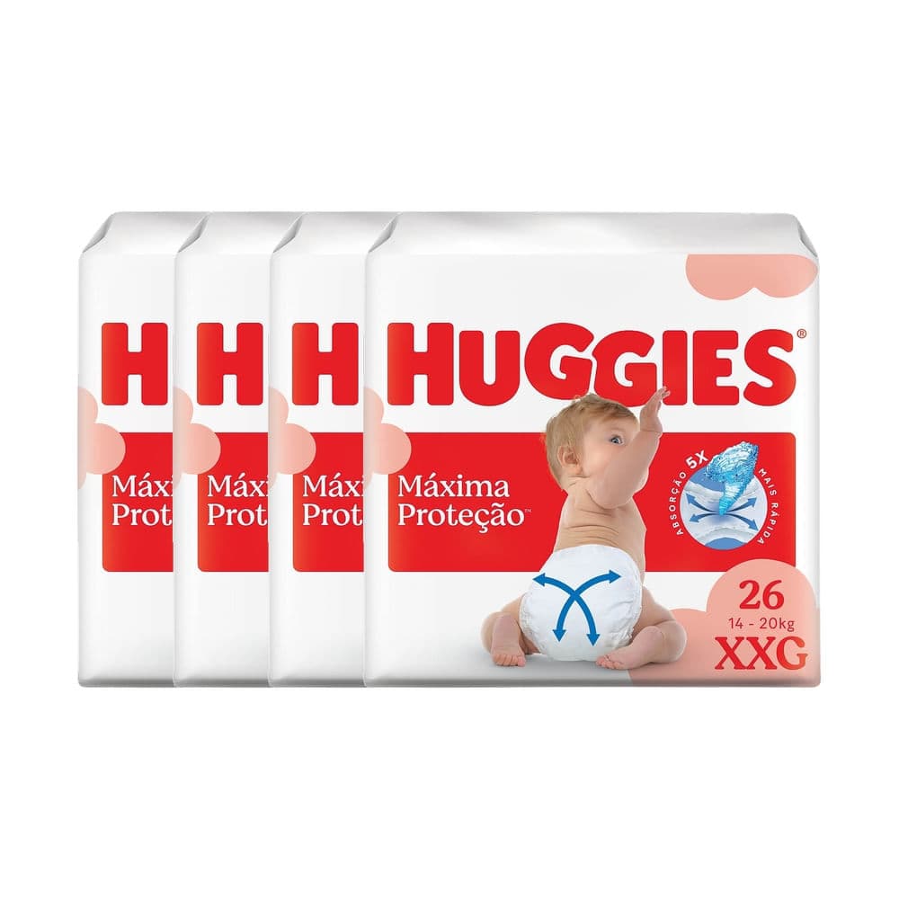 Kit 4 Fralda Huggies Máxima Proteção Tamanho XXG Mega 26 Unidades Descartáveis