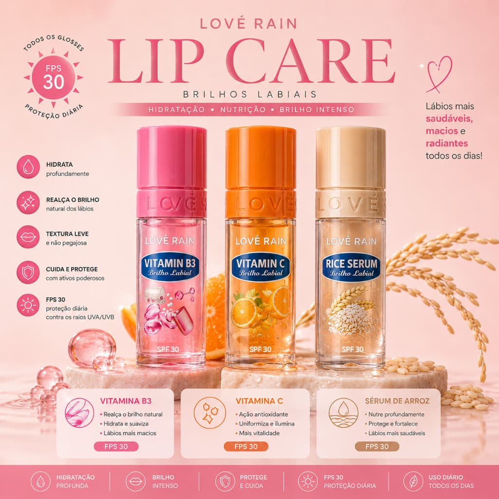 Brilho Labial Lip Care Lové Rain Hidratação Vitamina FPS 30 Protetor Lábios Gloss Maquiagem Sérum Vitamina C B3