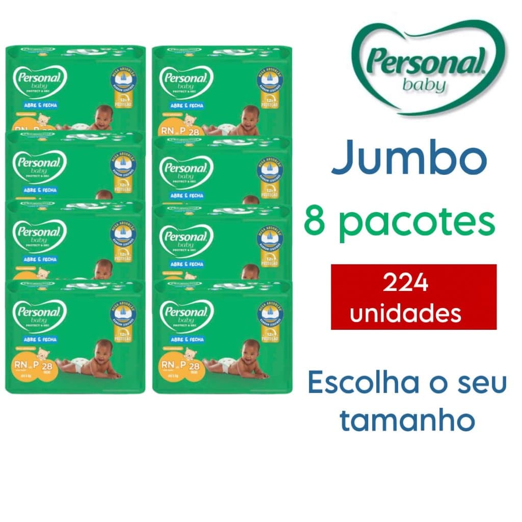 Kit 8 Pacotes Fralda Descartável Personal Baby JUMBO P,M,G,