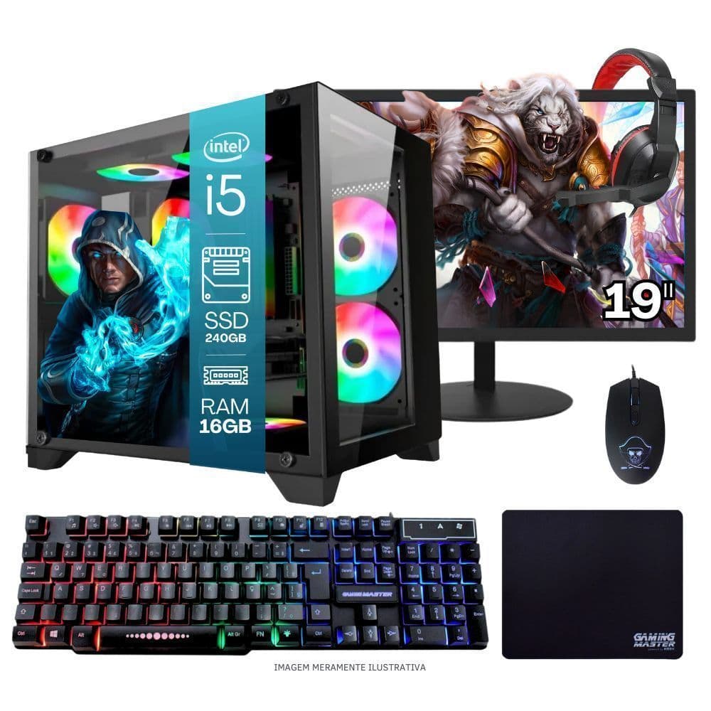 Computador PC Gamer  TOB   i7  240GB 8GB   Kit Gamer e Headset Gamer Monitor 19” Windows 10 Pro Trial