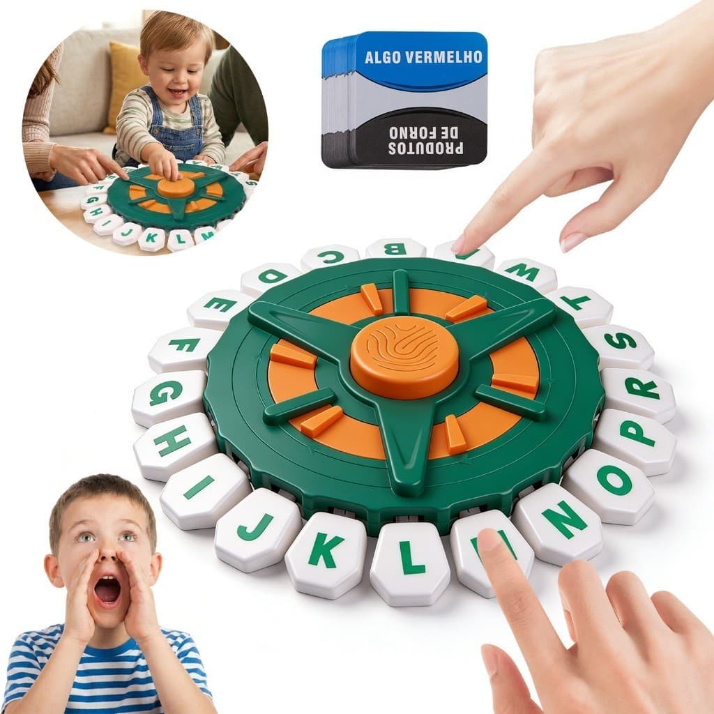 MoveBrinca Jogo de Palavras e Letras com Temporizador 10 Segundos, 36 Cartas, Botão Eletrônico e Jogo em Família